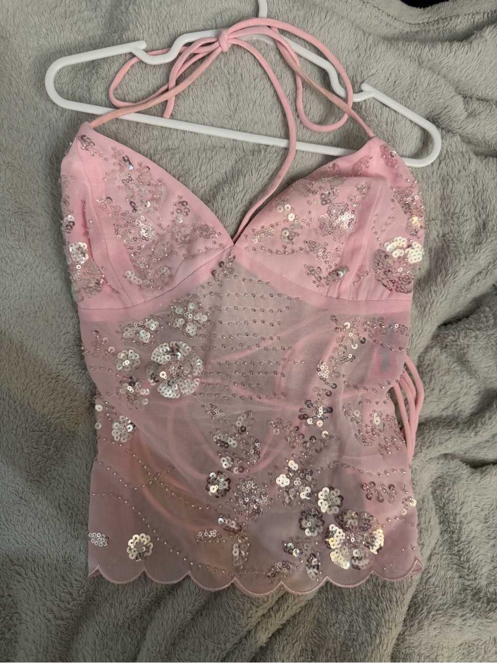 Edikted Pink Sequin Mesh Halter Top Tie up back